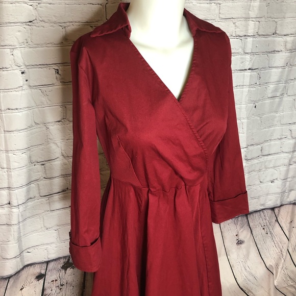Red long sleeve a line dress w/ criss cross front - Picture 10 of 16